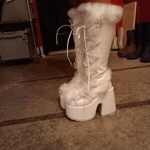 Demonia White Platform Boots with Furry Trim